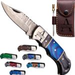 Personalized Handmade Damascus Pocket Knife - Folding Knives for Men with Wood Handle, Wedding, Anniversary, Boyfriend, Dad, Husband, Father, Groomsmen, Best Man Gift, Valentines Day Gifts for Him