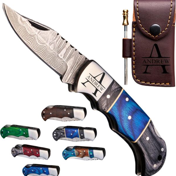 Personalized Handmade Damascus Pocket Knife - Folding Knives for Men with Wood Handle, Wedding, Anniversary, Boyfriend, Dad, Husband, Father, Groomsmen, Best Man Gift, Valentines Day Gifts for Him