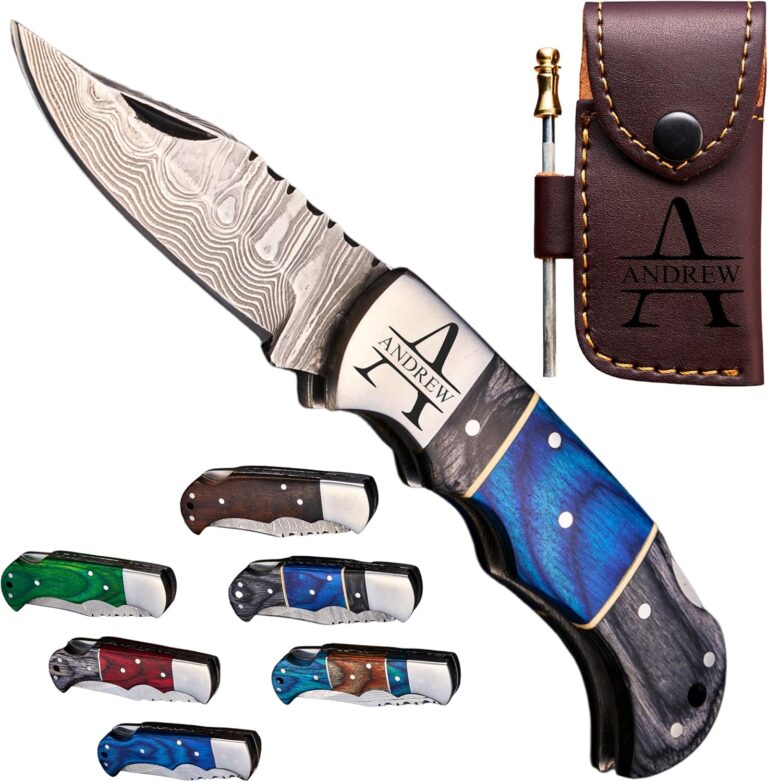 Personalized Handmade Damascus Pocket Knife - Folding Knives for Men with Wood Handle, Wedding, Anniversary, Boyfriend, Dad, Husband, Father, Groomsmen, Best Man Gift, Valentines Day Gifts for Him