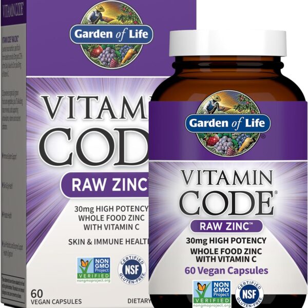 Garden of Life Zinc Supplements 30mg High Potency Raw Zinc and Vitamin C Multimineral Supplement, Vitamin Code Vitamins Trace Minerals & Probiotics for Skin Health & Immune Support, 60 Vegan Capsules