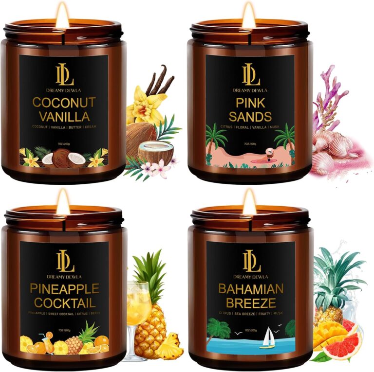 Scented Candles Set, 4 Pack Soy Candles for Home Scented, Candle Gifts for Men Women, Scents of Pineapple Cocktail/Coconut Vanilla/Pink Sands/Bahamian Breeze