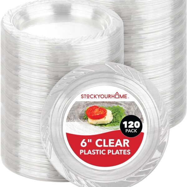 Stock Your Home 6-Inch Clear Plastic Dessert Plates (120 Pack) Flexible Disposable Clear Plates for Dessert & Appetizers, Crystal Clear Small Plates for Parties & Catering, Clear Plastic Party Plates
