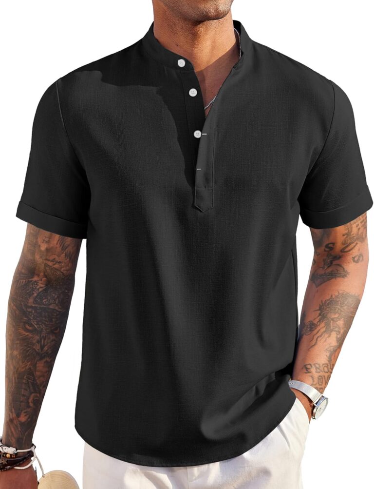 COOFANDY Men's Linen Henley Shirt Short Sleeve Casual Summer Beach Hippie T Shirts