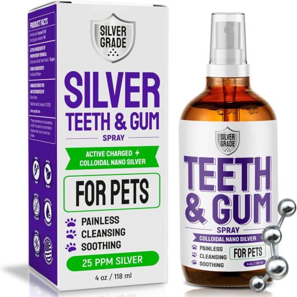 Dog Breath Freshener Teeth & Gum Spray for Pets  Cat Teeth Cleaning Spray Helps with Plaque, Tartar, and Caries  Colloidal (Nano) Silver + Deionized Water  4 Oz Bottle