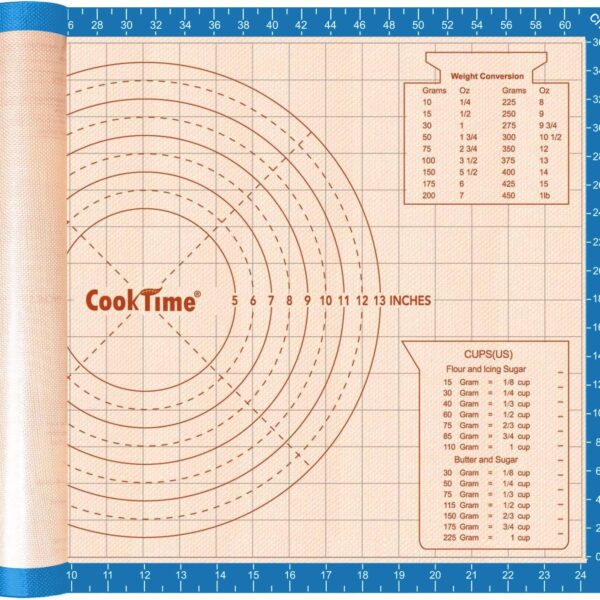 Silicone Pastry Baking Mat Non Stick-Large Rolling Dough with Measurements-Non Slip Pizza,Fondant,Pie,Cake Baking Mat - 26 x 16 Inch By Cook Time(Blue)
