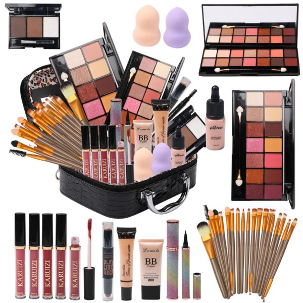 All in One Makeup Kit for Makeup storage bag 2X14 Colors Eyeshadow Palette Liquid Foundation Eyeliner Pencils Contouring Stick Lip Gloss 20Pcs Make up Brushes For Women Girls Teens (Black)
