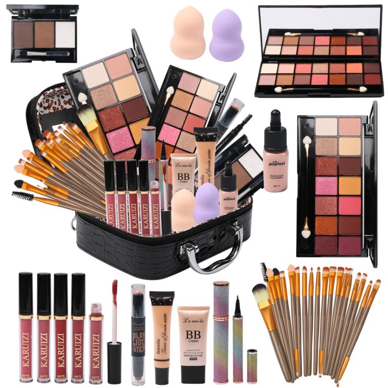 All in One Makeup Kit for Makeup storage bag 2X14 Colors Eyeshadow Palette Liquid Foundation Eyeliner Pencils Contouring Stick Lip Gloss 20Pcs Make up Brushes For Women Girls Teens (Black)