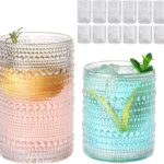Vintage Glassware Drinking Glasses Set of 12,Clear 12oz & 15oz Hobnail Glass Cups,Embossed Water Tumbler,for Beer,Cocktail,Whiskey,Juice and Various Mixed Drinks- 1 Cleaning Brush