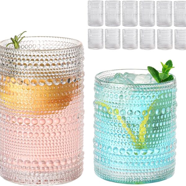 Vintage Glassware Drinking Glasses Set of 12,Clear 12oz & 15oz Hobnail Glass Cups,Embossed Water Tumbler,for Beer,Cocktail,Whiskey,Juice and Various Mixed Drinks- 1 Cleaning Brush