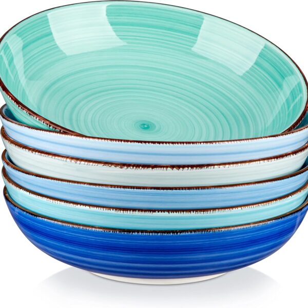 vancasso Bonita Pasta Bowls Set of 6, 38 oz Shallow Bowls, 8.5 Inch Ceramic Pasta Plates and Salad Bowls, Microwave & Dishwasher Safe Serving Bowls, Blue