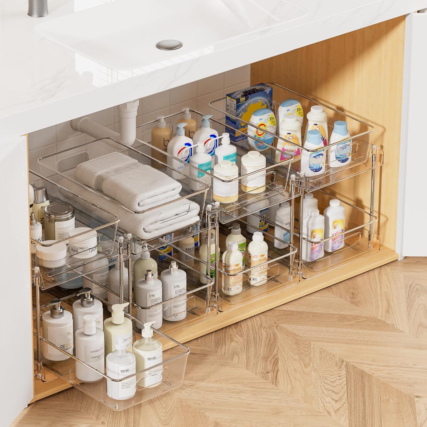 Vtopmart 4 Pack Bathroom Organizer, 2 Tier Clear Under Sink Organizers Vanity Countertop Storage Container,Cabinet Drawers Bins, Pull-Out Organization with Track for Pantry, Kitchen Vtopmart 4 Pack Bathroom Organizer, 2 Tier Clear Under Sink Organizers Vanity Countertop Storage Container,Cabinet Drawers Bins, Pull-Out Organization with Track for Pantry, Kitchen