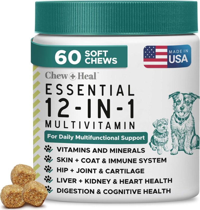 Dog Multivitamin Chewable - Chew + Heal 12-in-1, 60 Ct, Puppy & Senior Dog Vitamins & Supplements for Hip & Joint, Skin & Coat, Immune Support with Glucosamine, Omega 3,6,9, Probiotics, Chicken Flavor