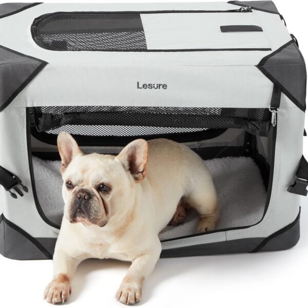 Lesure Collapsible Dog Crate - Portable Travel Kennel for Small Dog, 4-Door Pet Crate with Mesh Windows, Indoor & Outdoor, Light Gray