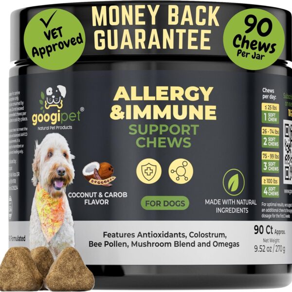 Googipet Dog Allergy Chews, Seasonal Dog Allergy Relief & Itchy Skin Relief, Skin & Coat Supplement +Bee Pollen, Colostrum, Coconut Oil, Probiotics, & Omega 3 Fish Oil for Dogs