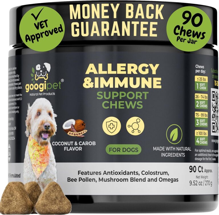 Googipet Dog Allergy Chews, Seasonal Dog Allergy Relief & Itchy Skin Relief, Skin & Coat Supplement +Bee Pollen, Colostrum, Coconut Oil, Probiotics, & Omega 3 Fish Oil for Dogs