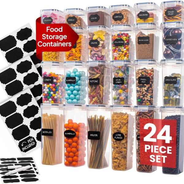 Airtight Food Storage Containers Set - Air Tight Pantry Storage Containers with Lids - Pasta Flour Sugar Cereal Containers - Storage Containers for Food - Kitchen Storage Container (Clear-24 Pack)