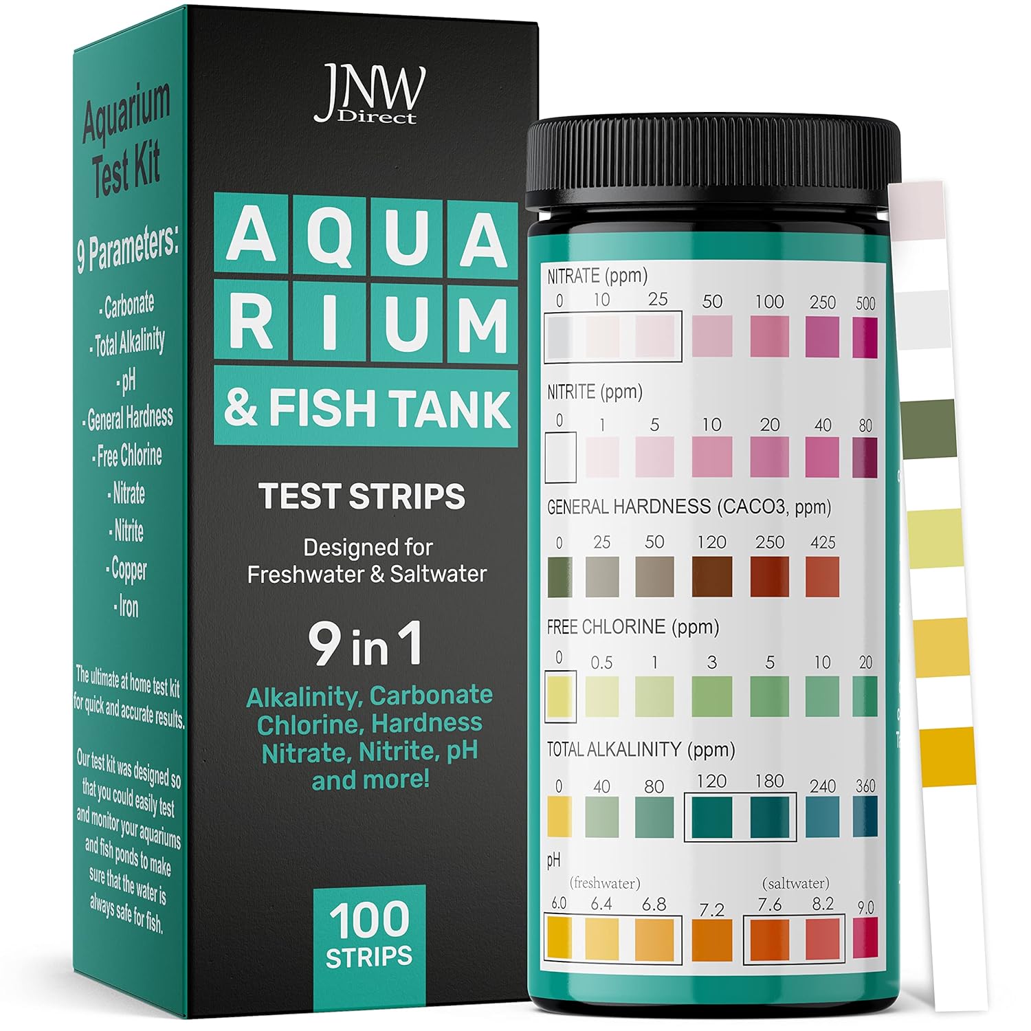 Aquarium Test Strips - 9-in-1 Aquarium Test Kit with eBook - Aquarium Water Test Kit with Quick and Accurate Fish Tank Test Strips - 100 Test Strips by JNW Direct Aquarium Test Strips - 9-in-1 Aquarium Test Kit with eBook - Aquarium Water Test Kit with Quick and Accurate Fish Tank Test Strips - 100 Test Strips by JNW Direct