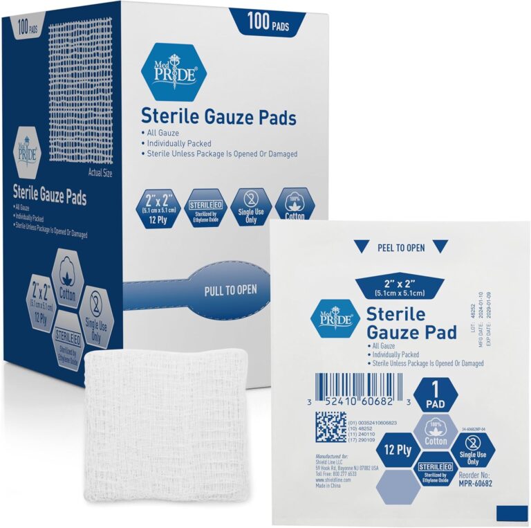 MED PRIDE Sterile Nonstick Gauze Dressing Pads, 12-Ply Cotton, Highly Absorbent, Individually Wrapped for Wound Care and First Aid (2x2 Inch (Pack of 100))