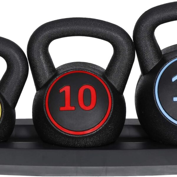 3-Piece Kettlebell Set, Exercise Fitness Weight Set with Base Rack for Home Gym, Home Workouts, Strength Training, Include 5 lbs, 10 lbs, 15 lbs