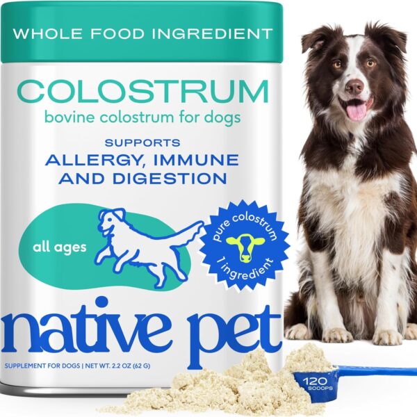 Native Pet Colostrum for Dogs  Bovine Colostrum Powder  Allergy Relief, Immune Support & Itchy Skin Treatment  Dog Multivitamins for Skin & Gut Health  Puppy Milk Replacement & Prebiotic -120 ct.