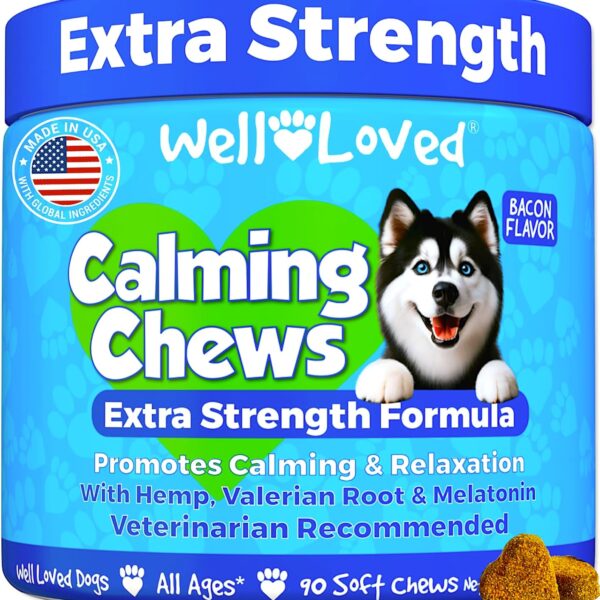 Calming Chews for Dogs - Dog Calm Treats, Made in USA, Vet Recommended, Behavior Support with Melatonin & Hemp, Stress, Separation, Fireworks, Travel, Extra Strength
