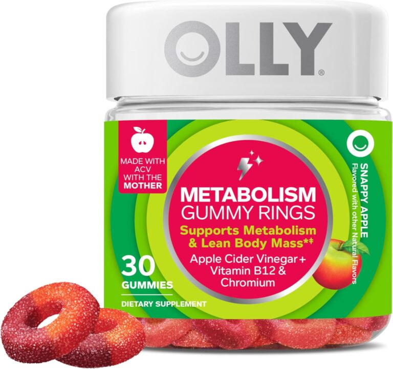 OLLY Metabolism Gummy Rings, Apple Cider Vinegar, Vitamin B12, Chromium, Energy and Digestive Health, Chewable Supplement, Apple Flavor - 30 Count