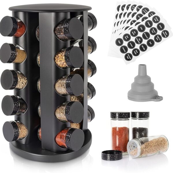 Black Countertop Rotating Spice Rack, Round Empty 20-Jars Revolving Spice Rack Organizer, 135 Spice Labels with Funnel Complete Set, for Kitchen Countertop, Cabinet