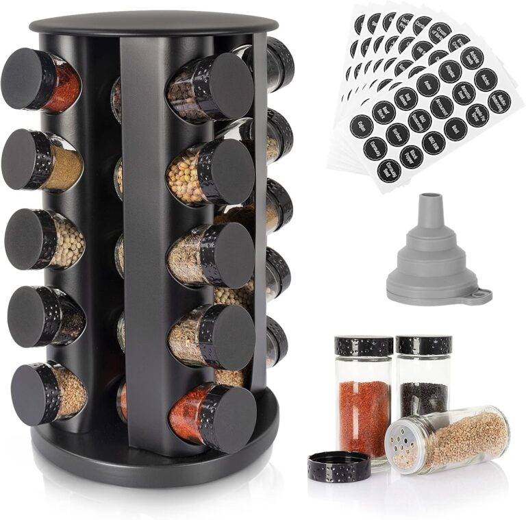 Black Countertop Rotating Spice Rack, Round Empty 20-Jars Revolving Spice Rack Organizer, 135 Spice Labels with Funnel Complete Set, for Kitchen Countertop, Cabinet