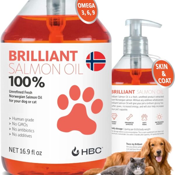 Salmon Oil for Dogs - Healthy Skin & Coat, All Natural Norwegian Fish Oil Food Supplement for Pets, Omega 3 EPA DHA, Ideal for Shedding, Allergy, Itching, Dry Skin, Joint & Bone Health - 16.9 Oz