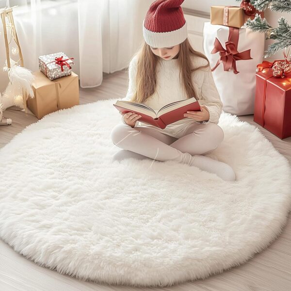 Round Fluffy Rugs 4Ft for Girls Bedroom, Cream White Shag Circle Kids Rug Non-Slip for Bedside Dorm Nursery Playroom, Soft Cute Area Rugs for Living Room Decor
