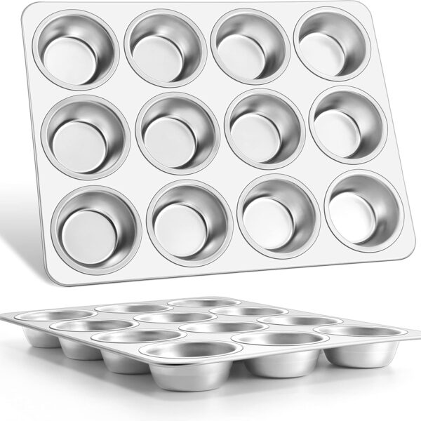 E-far Muffin Pan 12-Cup, Set of 2, Stainless Steel Cupcake Pan Metal Muffin Baking Tins for Oven, Regular Size & Easy Clean, Non-toxic & Dishwasher Safe