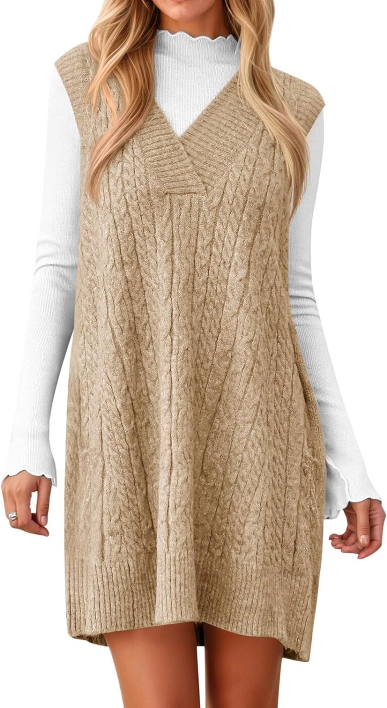 Cicy Bell Womens Oversized Sweater Vest Dress V Neck Sleeveless Fall Trendy Casual Knit Cable Mini Dresses