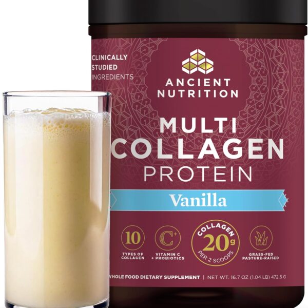 Ancient Nutrition Collagen Peptides Powder, Multi Collagen Protein, Women & Men, Vitamin C, Probiotics, Hydrolyzed Collagen, Supports Skin, Joints, Gut Health, Vanilla, 45 Servings