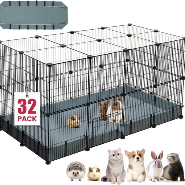 32 Panels Small Animal Playpen,47.5" x 23.7" x 31.5" Pet Playpen with Upgrade Waterproof Mat,C&C Cage for Guinea Pigs, Rabbit/Bunny Cage, Bunny/Puppy Play Pen, Indoor Outdoor Portable Metal Fence
