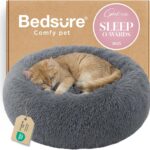 Bedsure Calming Cat Beds for Indoor Cats - Small Cat Bed Washable 20 inches, Anti-Slip Round Fluffy Plush Faux Fur Pet Bed, Fits up to 15 lbs Pets, Dark Grey