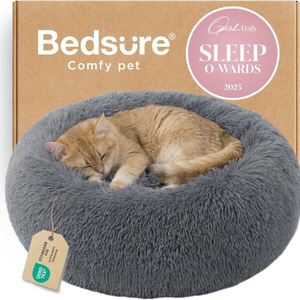 Bedsure Calming Cat Beds for Indoor Cats - Small Cat Bed Washable 20 inches, Anti-Slip Round Fluffy Plush Faux Fur Pet Bed, Fits up to 15 lbs Pets, Dark Grey