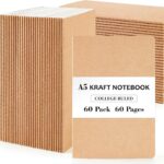 feela 60 Pack Kraft Notebooks Bulk, Lined Travel Journals Note Pad Notebooks for Men Women Girls Students, Making Plans Writing Memos Office School Supplies, A5, 60 Pages, 8.3 X 5.5