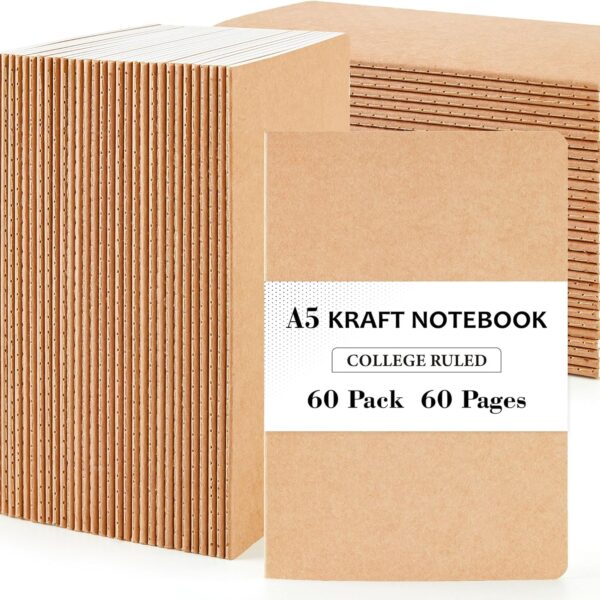 feela 60 Pack Kraft Notebooks Bulk, Lined Travel Journals Note Pad Notebooks for Men Women Girls Students, Making Plans Writing Memos Office School Supplies, A5, 60 Pages, 8.3 X 5.5