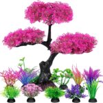 Ameliade Aquarium Artificial Plastic Plants Decoration, Pink Cherry Blossom Tree Aquarium Decor Set, Goldfish Betta Fish Tank Decorations Hides AccessoriesPink