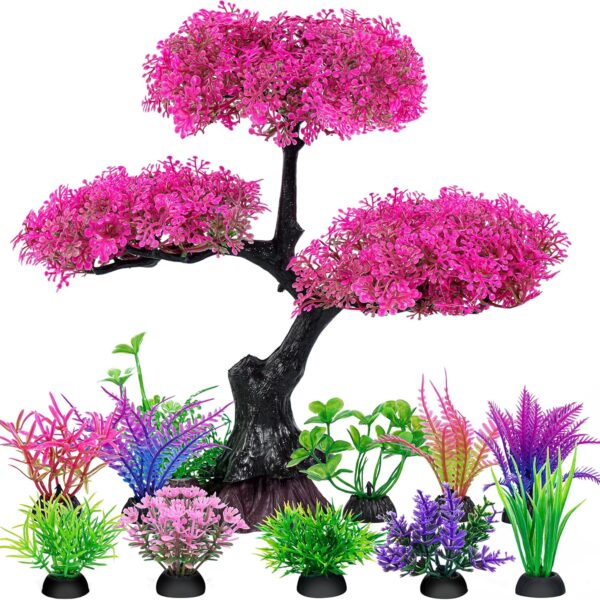 Ameliade Aquarium Artificial Plastic Plants Decoration, Pink Cherry Blossom Tree Aquarium Decor Set, Goldfish Betta Fish Tank Decorations Hides AccessoriesPink
