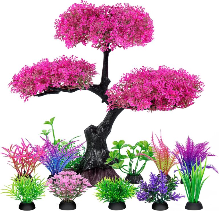 Ameliade Aquarium Artificial Plastic Plants Decoration, Pink Cherry Blossom Tree Aquarium Decor Set, Goldfish Betta Fish Tank Decorations Hides AccessoriesPink
