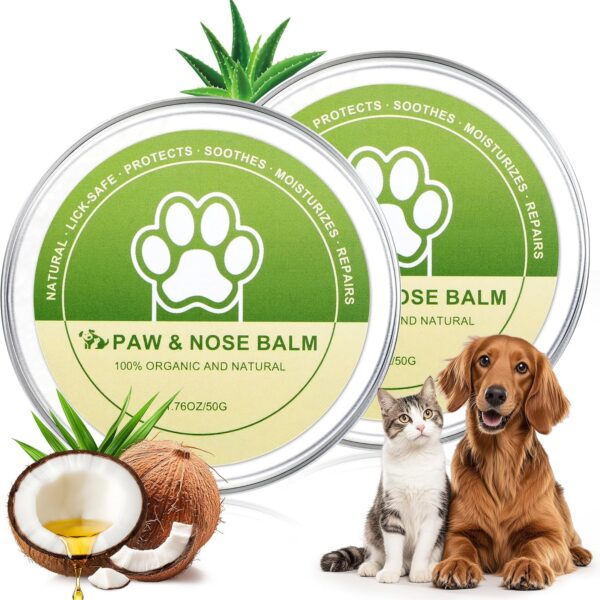 2 Pack Dog Paw & Nose Balm, Lick-Safe Dog Cat Paw Nose Balm with Coconut Oil, All-Natural Moisturizer & Soother for Pet Dry, Cracked Pads and Noses, Snout Soother for Dogs Cats Pets (50 g/1.7 oz)