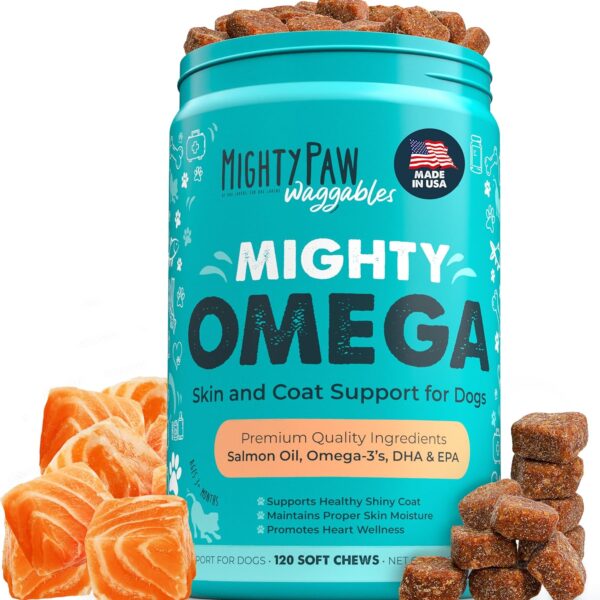 Mighty Paw Waggables Mighty Omega (Made in The USA, 120 Count) | Omega 3 Fish Oil Chew for Dogs. Salmon Flavor Skin and Coat Supplement. Soft Chew Fish Oil for Dogs - DHA & EPA, Bacon Flavor