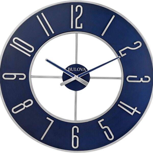 Bulova Blue Steel Oversize Wall Clock |Model C4809, 27" Diameter | Sleek Silver and Blue Finish | Contemporary Design | Battery Operated