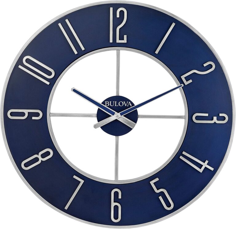 Bulova Blue Steel Oversize Wall Clock |Model C4809, 27" Diameter | Sleek Silver and Blue Finish | Contemporary Design | Battery Operated
