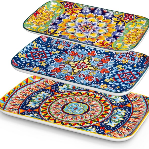 vancasso Serving Platters Set of 3, 16"/14"/12" Inch Rectangular Trays - Extra Large, Ceramic Bohemian Serving Dish for Entertaining Food, Microwave & Dishwasher Safe, Vintage