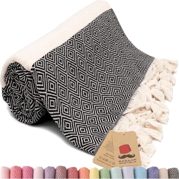 Bazaar Anatolia Turkish Beach Towel  100% Cotton, Quick Dry, Lightweight and Sand Free  Perfect for Bathroom, Travel, Yoga, Camping, Oversized 71x39 inches - Diamond Black