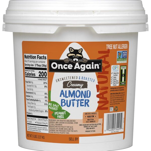 Once Again Natural Creamy Almond Butter, 5lb Pantry Pal (same as 5 jars) - Roasted - Salt Free, Unsweetened - Gluten Free Certified, Peanut Free, Vegan, Kosher, Paleo