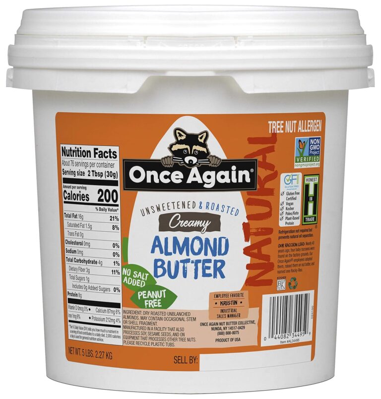 Once Again Natural Creamy Almond Butter, 5lb Pantry Pal (same as 5 jars) - Roasted - Salt Free, Unsweetened - Gluten Free Certified, Peanut Free, Vegan, Kosher, Paleo