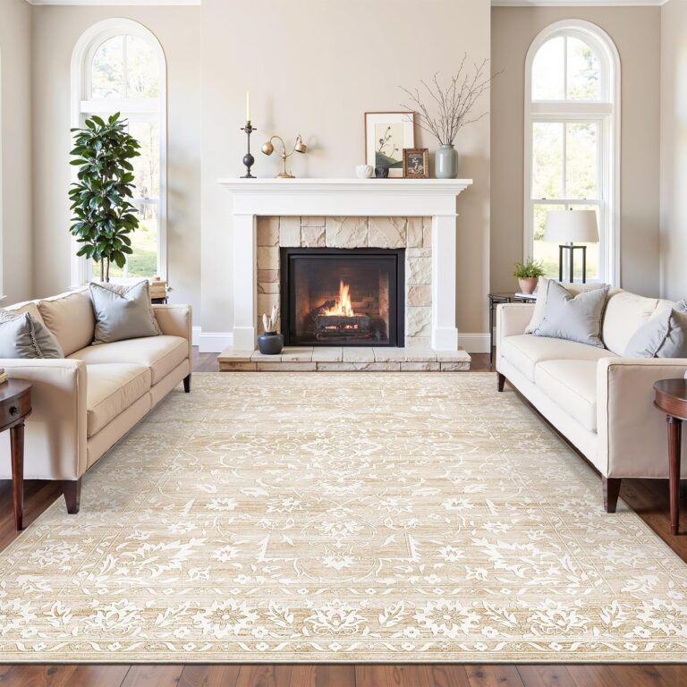 8x10 Washable Area Rugs for Living Room, Vintage Floral Non-Slip Low Pile Natural Rug Soft Throw Large Carpet for Dining Room Bedroom Home Office (Beige, 8'x10')